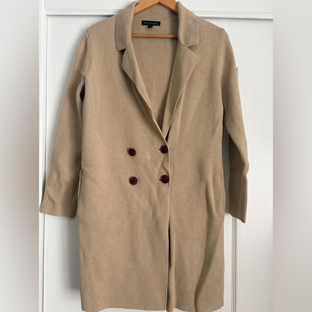 Banana Republic Oversized Tan Knit Sweater Blazer Double Breasted Jacket Size S